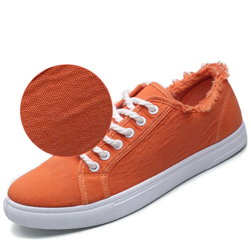 Frayed Canvas Sneakers For Men Low Top Trainers Mens Orange Vulcanized Shoes New Tenis Sneakers Anti-odor Men's Plimsoll Loafers