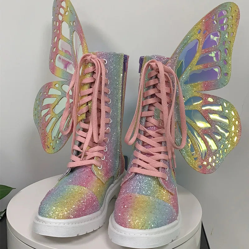 Butterfly Wings Women Shoes Shine Silver Leather Flat Sneakers Lace Up Women's ankle boots high-top Leisure Platform Shoes 2023