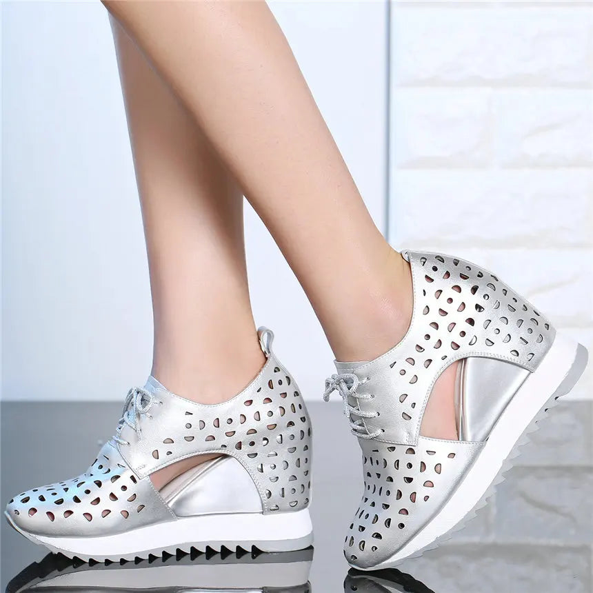 Casual Shoes Women Genuine Leather Wedges High Heel Platform Pumps Shoes Female Lace Up Round Toe Fashion Sneakers Tennis Shoes