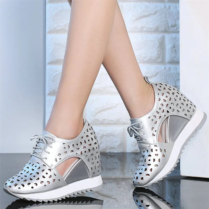 Casual Shoes Women Genuine Leather Wedges High Heel Platform Pumps Shoes Female Lace Up Round Toe Fashion Sneakers Tennis Shoes