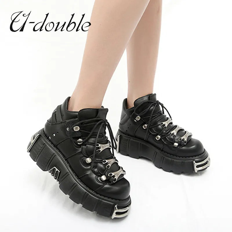 U-DOUBLE Brand Punk Style Women Shoes Lace-up heel height 6CM Platform Shoes Woman Gothic Ankle Boots Metal Decor Woman Sneakers