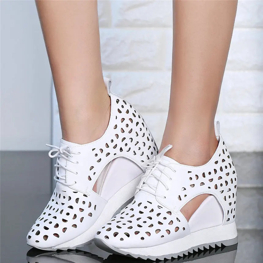 Casual Shoes Women Genuine Leather Wedges High Heel Platform Pumps Shoes Female Lace Up Round Toe Fashion Sneakers Tennis Shoes