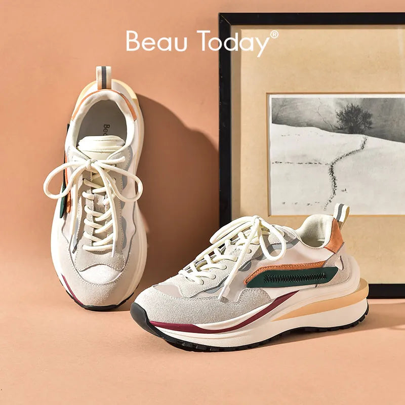 BeauToday Casual Sneakers Women Genuine Leather Lace-Up Thick Sole Breathable Ladies Trainers Vulcanized Shoes 29415