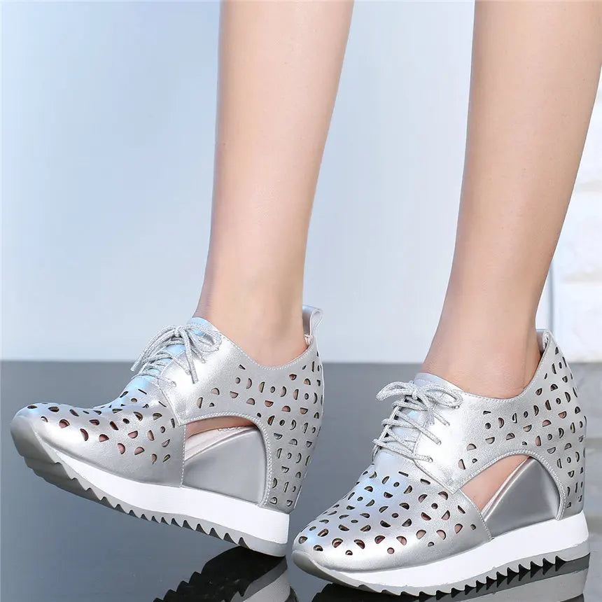 Casual Shoes Women Genuine Leather Wedges High Heel Platform Pumps Shoes Female Lace Up Round Toe Fashion Sneakers Tennis Shoes