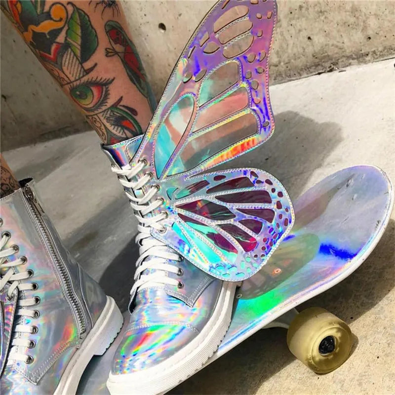 Butterfly Wings Women Shoes Shine Silver Leather Flat Sneakers Lace Up Women's ankle boots high-top Leisure Platform Shoes 2023