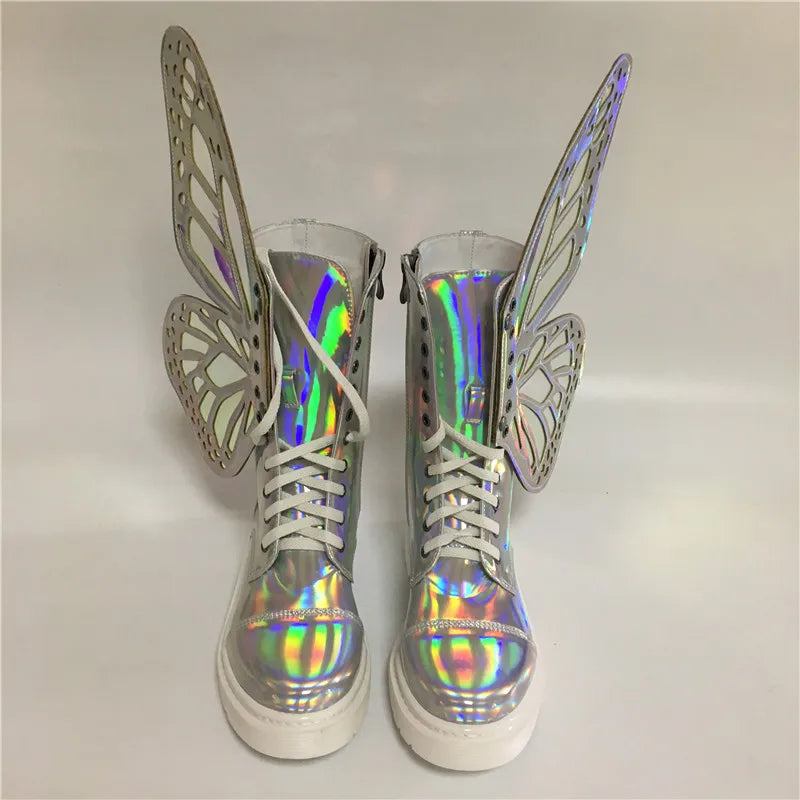 Women Silver Winter Snow Riding Boots Butterfly Wings Fashion Flat Chelsea Booties Shoes 2023 Black Sneakers Botine Mujer