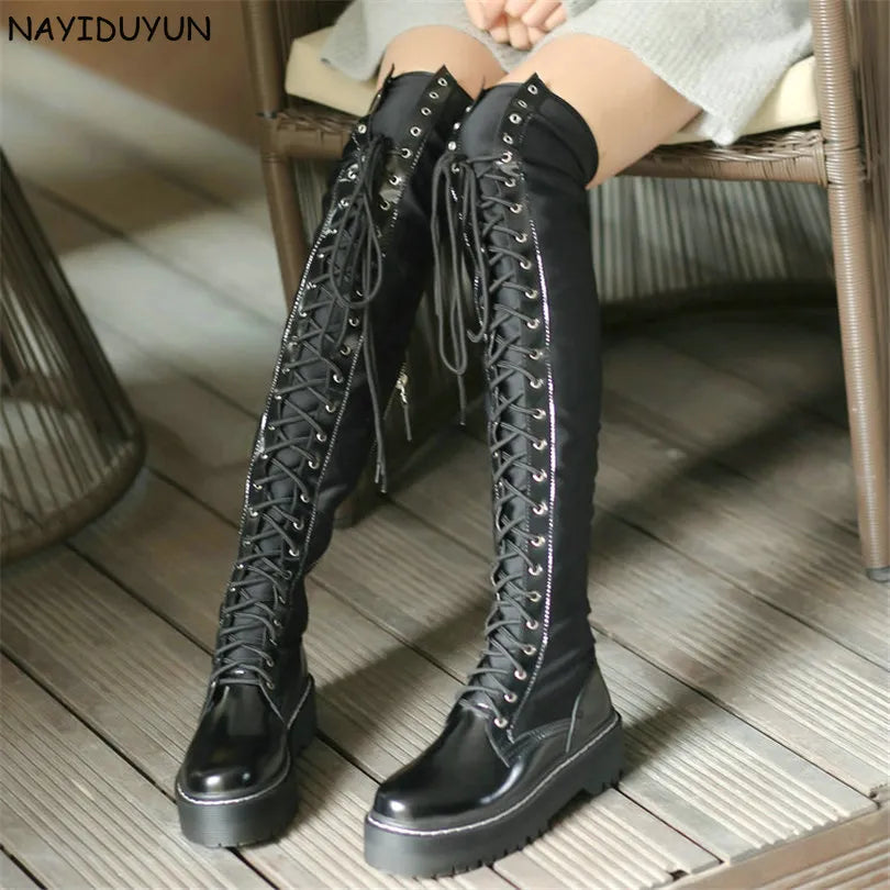 Chunky Platform Shoes Women Lace Up Patent Leather Thigh High Pumps Female Round Toe Tall Shaft Fashion Sneakers Casual Shoes