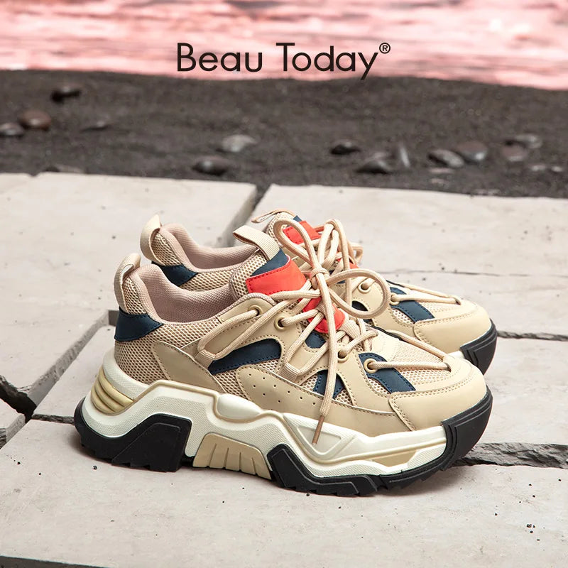 BeauToday Chunky Sneakers Women Synthetic Leather Mesh Mixed Colors Lace-Up Platform Ladies Vulcanized Shoes Handmade 29414