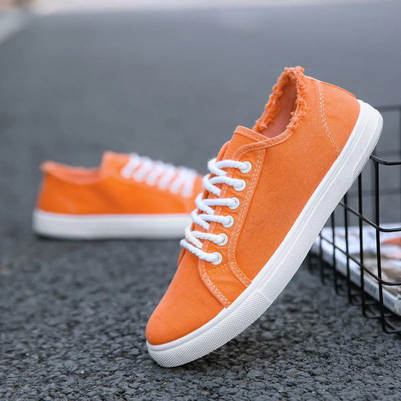 Frayed Canvas Sneakers For Men Low Top Trainers Mens Orange Vulcanized Shoes New Tenis Sneakers Anti-odor Men's Plimsoll Loafers