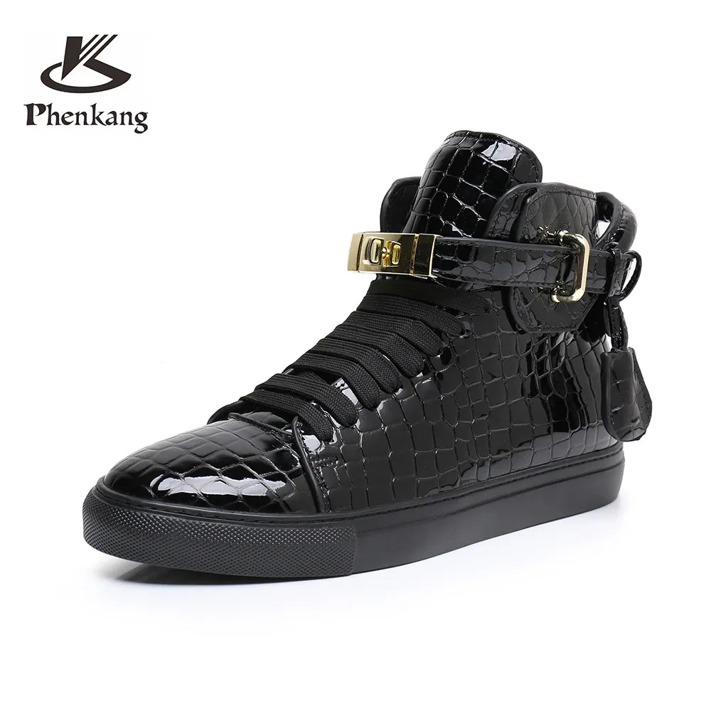 Phenkang Men's Genuine Leather Sneakers For Men White Chelsea Ankle Boots Lock Black Leather Designers Men‘s Casual Shoe