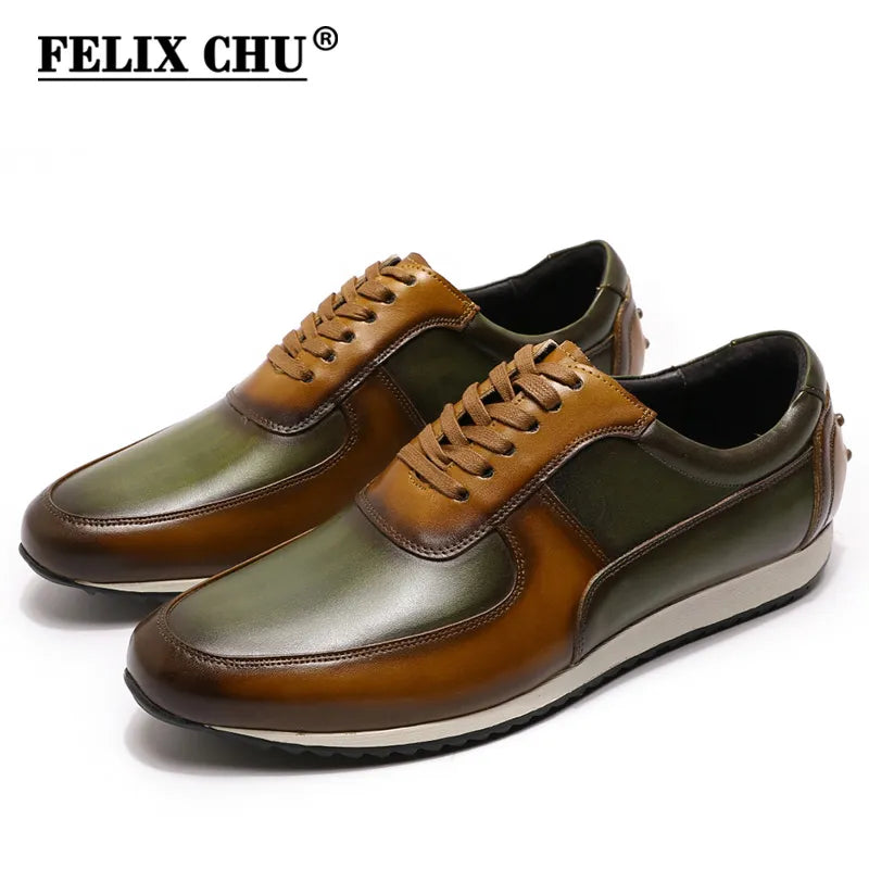 Big Size 5-15 Mens Casual Shoes Genuine Leather Hand Painted Oxford Brown Green Lace-Up Fashion Street Style Sneakers for Men