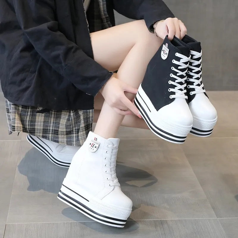 Women's High Canvas Sneakers Chunky Platform Shoes Black Lace-Up Thick Bottom Internal Increase Autumn Female Casual Shoes Hot